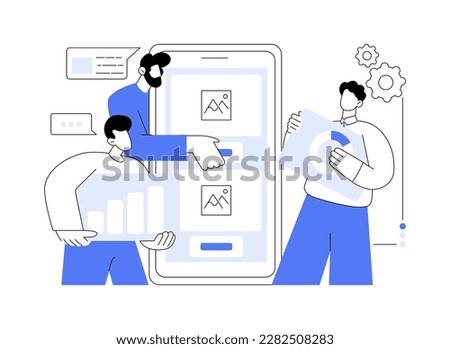 Mobile application development abstract concept vector illustration. Mobile device app building platform, frontend software development, UI and UX design, smartphone market abstract metaphor. Royalty-Free Stock Photo #2282508283