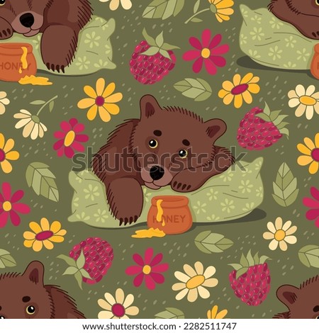 Seamless pattern: A cute little bear lying on a pillow with a pot of honey, flowers, and berries. Hand-drawn colorful flat vector illustration. 
