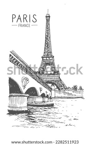 Vector illustration of Eiffel Tower and the river Seine, Paris, France, Europe. Freehand drawing. Sketchy lineart drawing with a pen on paper. Sketch in black color isolated on white background. Royalty-Free Stock Photo #2282511923