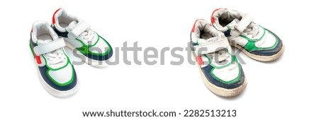 New and old dirty ruined pair of baby sneakers isolated on white background.Set of children's shoes,accessories for spring, autumn or summer.Fashion kids outfit.wealth and poverty, brend and used. Royalty-Free Stock Photo #2282513213