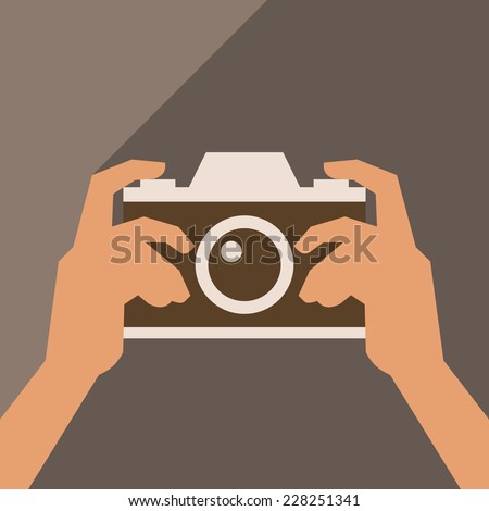 flat cartoon hipster icon photo camera with hand, vector illustration