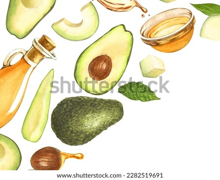 Watercolor frame, ripe avocado and oil in glass bowl, top view. Hand-drawn illustration isolated on white background. Perfect food menu, food drawing, design packing, healthy eating concept