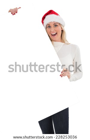 Festive blonde showing white poster on white background