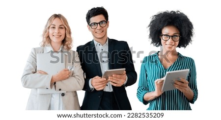 Employees collage office men and women business young different colleagues use laptops partners isolated white background.p