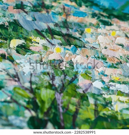 Abstract oil painting background close-up in yellow, blue and green tones