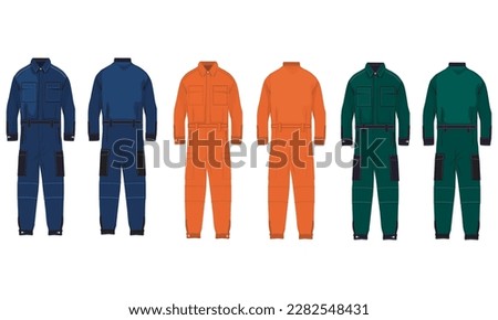 set of Three colors overalls for workers, working uniform, front and back view, vector illustration Royalty-Free Stock Photo #2282548431