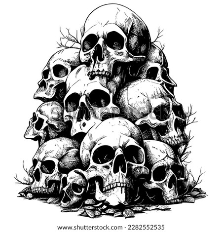 Hand Drawn Engraving Pen and Ink Pile of Human Skulls Vintage Vector Illustration Royalty-Free Stock Photo #2282552535