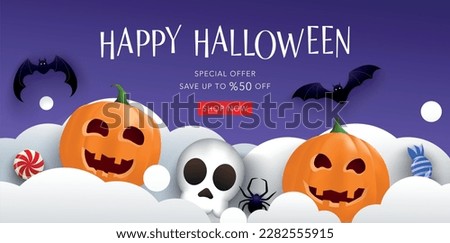Halloween sale banner template. Vector with paper cut clouds, pumpkin, skull, spider, candy and flying bats. Background for party invitation, holiday, promo, discount, voucher, website, social media.