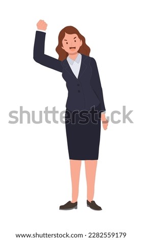 Full Length Businesswoman  Winner Success. Business Woman Excited Hold Hands Up Raised Arms, Flat Vector cartoon Illustration