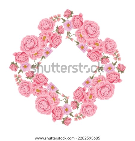 Beautiful romantic flower frame with roses, tulips, lilac floral, peony, poppy and leaf branch vector illustration elements
