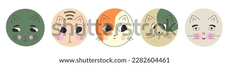Character pack, black eyes cats. Cartoon creatures, various stickers, pet illustration. Colored vector illustration
