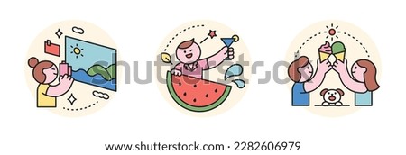 People enjoying summer. Travel photography, summer fruit watermelon, eating ice cream.