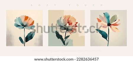 Minimalist hand painted wall art pastel colored flower composition on bone background. Modern geometric elegant abstract wallpaper set for poster, wedding card, cover design, banner etc… vector Royalty-Free Stock Photo #2282636457