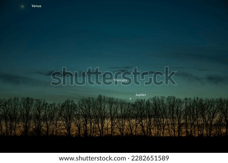 Venus, Mercury and Jupiter on a sunset background with trees