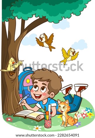 Children learn from books. Boy and girl reading fairy tales together. Colorful cartoon characters. Funny vector illustration. Isolated on white background