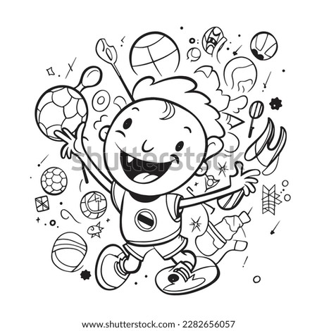 Sport,Black and white coloring pages for kids, simple lines, cartoon style, happy, cute, funny, many things in the world.