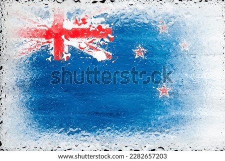 New Zealand flag. Flag of New Zealand on the background of water drops. Flag with raindrops. Splashes on glass. Abstract background