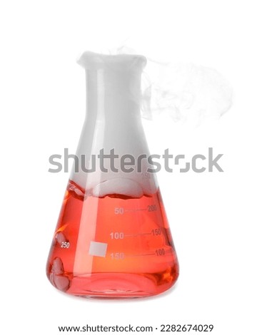 Laboratory flask with colorful liquid and steam isolated on white. Chemical reaction Royalty-Free Stock Photo #2282674029