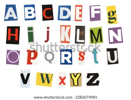 alphabet magazine cut out font, ransom letter, isolated collage elements for text alphabet. hand made and cut, high quality scan. halftone pattern and texture detail. newspaper and scraps Royalty-Free Stock Photo #2282674981