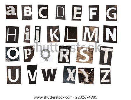 alphabet magazine cut out font, ransom letter, isolated collage elements for text alphabet. hand made and cut, high quality scan. halftone pattern and texture detail. newspaper and scraps Royalty-Free Stock Photo #2282674985
