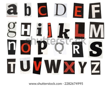 alphabet magazine cut out font, ransom letter, isolated collage elements for text alphabet. hand made and cut, high quality scan. halftone pattern and texture detail. newspaper and scraps Royalty-Free Stock Photo #2282674995