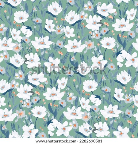 Simple seamless pattern of hand drawn gouache flowers, abstract colorful background.
