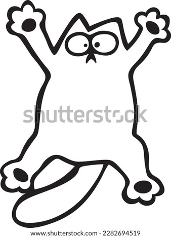Cute fat cat vector illustration. Cartoon funny kitty with big cute eyes and with outstretched paws, with scary sight . Beautiful kitten line art. All details are editable and isolated