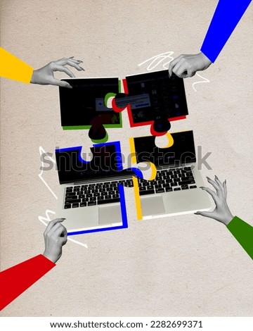 Human hands connecting puzzles made from laptops. Team work in IT department. Writing programmes and websites. Contemporary art collage. Creative design. Concept of modern technologies, surrealism
