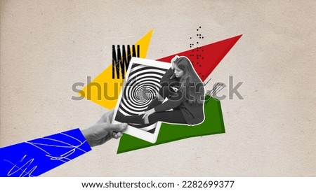 Mass media addiction and social media influence. Young sad girl sitting near hypnotic tablet screen. Internet manipulation. Contemporary art collage. Concept of modern technologies, surrealism Royalty-Free Stock Photo #2282699377