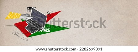 Combination of eras. Modern tablet and retro typewriter keyboard. Journalism and social media. Contemporary art collage. Creative design. Concept of modern technologies, surrealism. Banner Royalty-Free Stock Photo #2282699391
