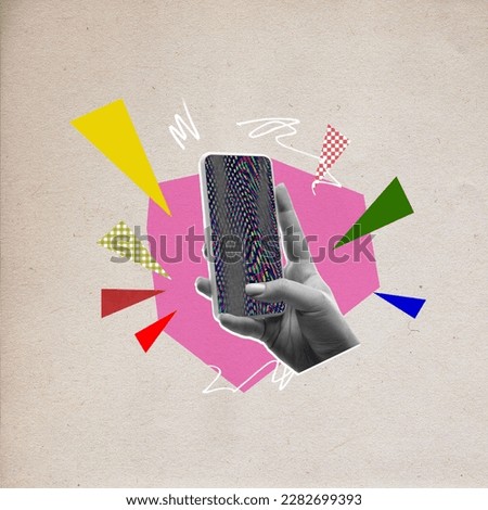 Female hand scrolling social media feed on media platforms. Modern lifestyle. Online marketing and freelance job. Contemporary art collage. Creative design. Concept of modern technologies, surrealism Royalty-Free Stock Photo #2282699393