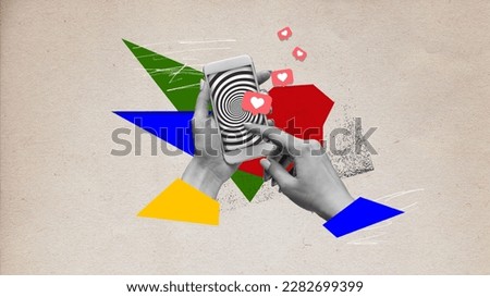 Human hands holding mobile phone with hypnotic screen. Many social media likes. Popularity and internet addiction. Contemporary art collage. Creative design. Concept of modern technologies, surrealism Royalty-Free Stock Photo #2282699399