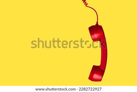 3d red vintage phone receiver isolated on yellow background. Retro analog telephone handset. Old communicate technology. object composition right background vector illustration Royalty-Free Stock Photo #2282722927