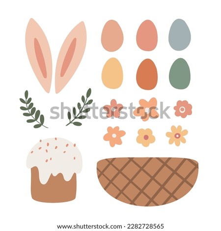 Happy Easter clipart set, Cute bunny rabbit illustration, Childrens egg hunts clip art, Individual elements, Spring vector images in flat cartoon style, Easter basket, chick, spring, flower.