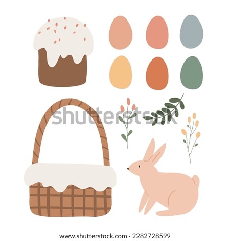 Happy Easter clipart set, Cute bunny rabbit illustration, Childrens egg hunts clip art, Individual elements, Spring vector images in flat cartoon style, Easter basket, chick, spring, flower.