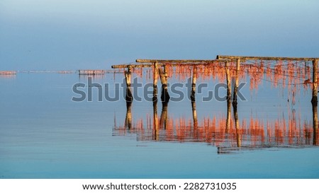winter sunset over the Scardovari lagoon with fishing boats and cabins inside the delta of the river Po, Porto Tolle, Veneto