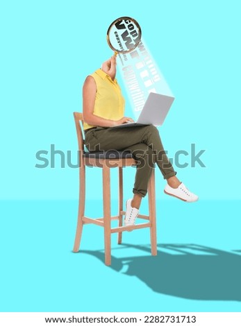 Copywriter profession. Woman with magnifying glass instead of head working on laptop against cyan background
