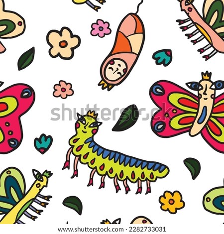 butterfly animal seamless pattern cartoon hand drawn colorful crazy funny kids