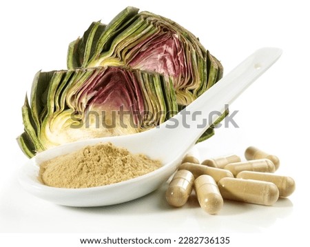 Artichoke Extract Powder and Pills isolated on white Background Royalty-Free Stock Photo #2282736135