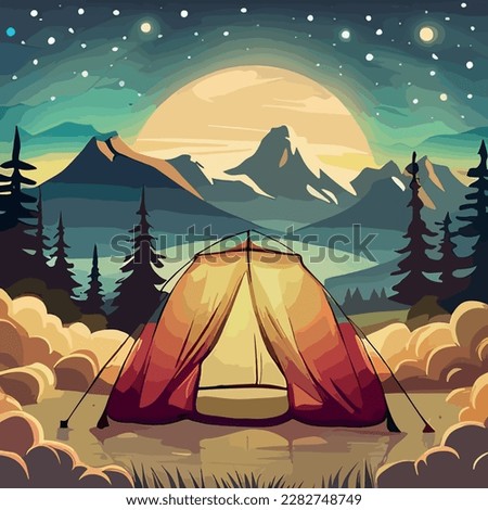 Tourist summer camping. Vector illustration of tents. Camping on a clearing in the forest. Flat style. Summer camp, nature tourism, camping, hiking, trekking