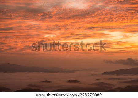 Morning sunrise view during the twilight view from Doi Kart Phee the highland mountains in Chiang Rai the northern region of Thailand.