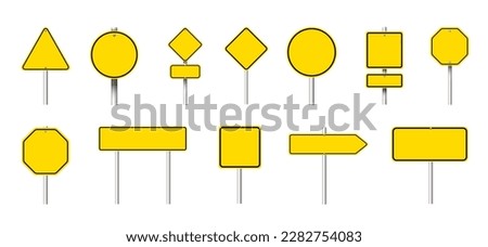 Different yellow blank road signs on white background, collage design Royalty-Free Stock Photo #2282754083
