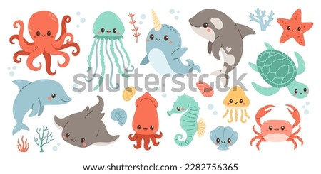 Set with hand drawn sea life elements. Sea animals. Vector doodle cartoon set of marine life objects for your design. 