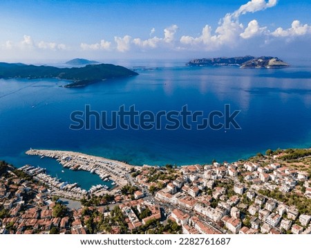Aerial Drone Photo of Kaş Center and Meis Island (Kastellorizo) Antalya, Turkey Royalty-Free Stock Photo #2282761687