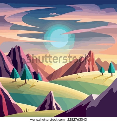 Flat natural view of green plants flowers and mountains. spring landscape. vector poster illustration