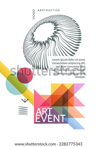 Art event invitation template. Composition of flat colorful shapes. Abstract transparency geometrical background. Cover design template. Vector for presentation, banner, flyer, poster, brochure. 