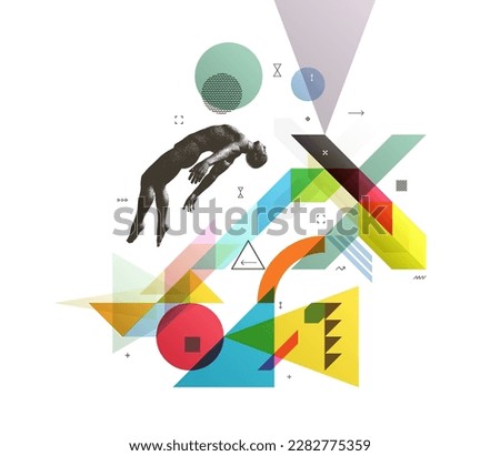 Art composition. Astral travel out of body or reincarnation spiritual concept. Flying man in zero gravity or a fall. Hovering in the air. Levitation act. Transparency geometrical background.  Royalty-Free Stock Photo #2282775359