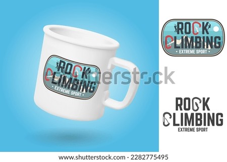 White camping cup. Realistic mug mockup template with sample design. Rock Climbing club badge. Vector. Typography design with a straight gate locking carabiner for bolt and carabiner witn keylock nose