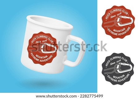 White camping cup. Realistic mug mockup template with sample design. Rock Climbing club badge, patch. Vector. Typography design with knot for quickly tying a climbing rope and carabiner. Extreme