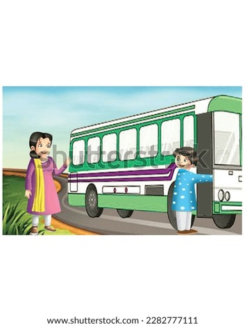 A mother boarding a boy to school bus cartoon image illustration